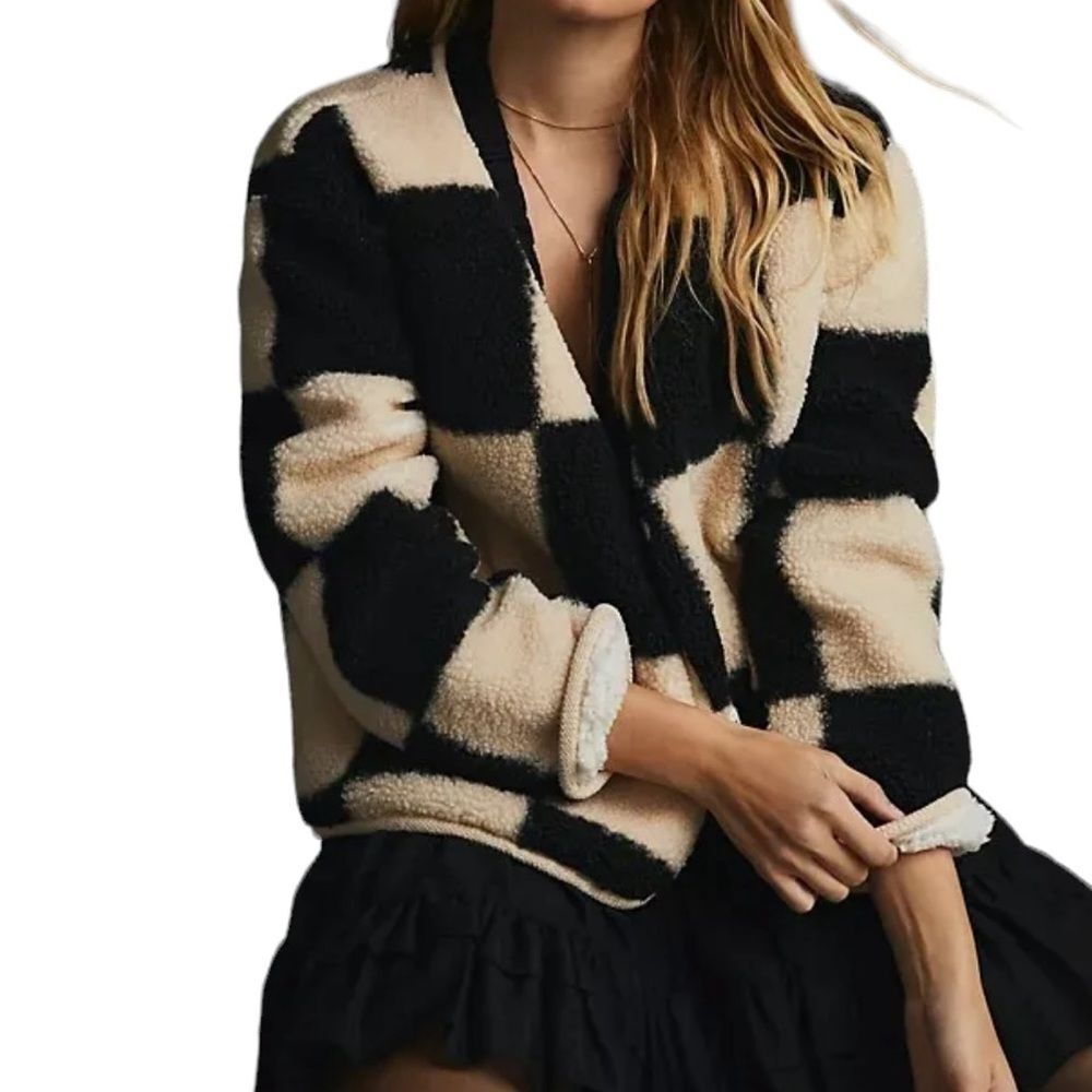 Anthropologie Black and Cream Checkered Sherpa Jacket